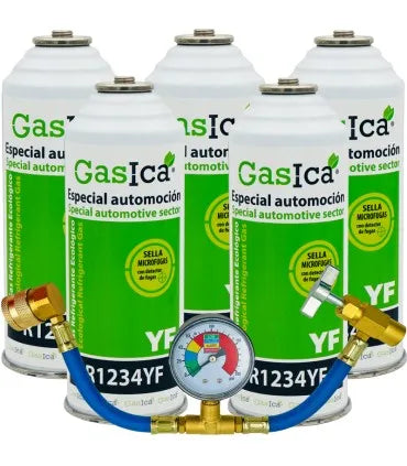 Pack 5 botellas gas refrigerante GASICA YF - R1234yf + manómetro ...