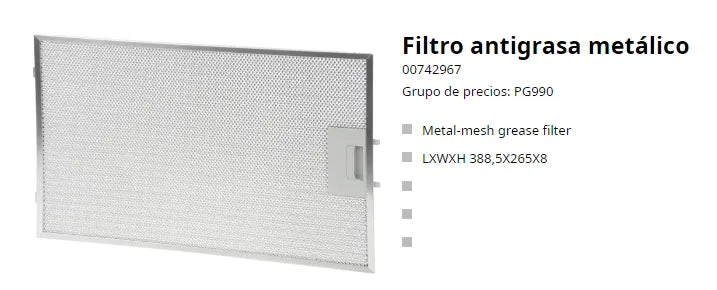 Filtro antigrasa de campana extractora Balay, Pitsos 00742967 388x265x9mm
