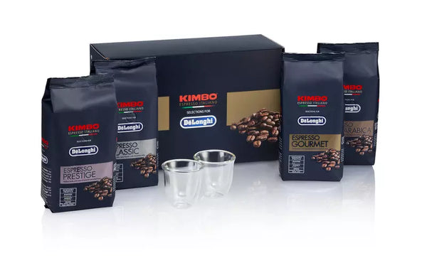 DeLonghi Kit de degustación de café Kimbo 4 x 250 g, y dos vasos de café Espresso DLSC316