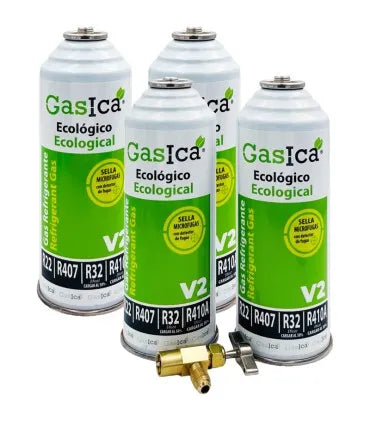 Pack 4 botellas gas refrigerante GASICA V2 - R22-R32-R407-R290-R410A + llave de servicio