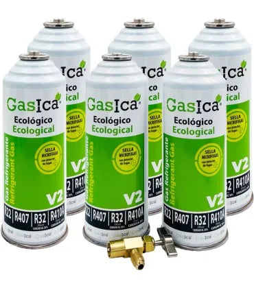 Pack 6 botellas gas refrigerante GASICA V2 - R22-R32-R407-R290-R410A + llave de servicio