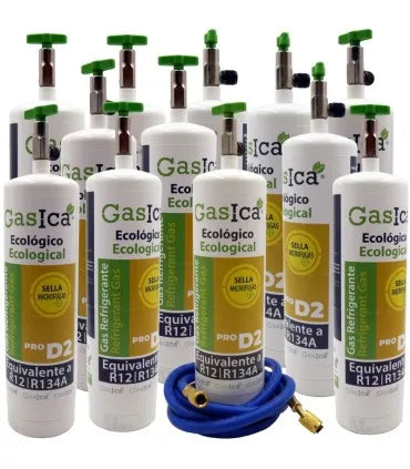 Pack 12 botellas gas refrigerante GASICA PRO D2 - R12 R134a + manguera carga 5/16"x1/4"