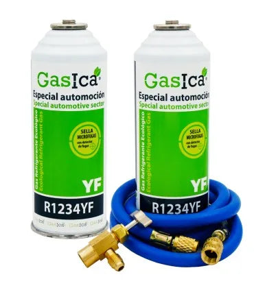 Pack gas refrigerante ecológico GASICA YF - R1234yf + manguera carga 1/4"x1/4" + válvula