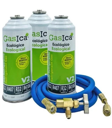 Pack 3 botellas gas refrigerante GASICA V2 - R22-R32-R407-R290-R410A + manguera carga 1/4"x1/4" + válvula