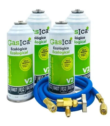 Pack 4 botellas gas refrigerante GASICA V2 - R22 R32 R407 R290 R410A + manguera carga 5/16"x1/4" + válvula