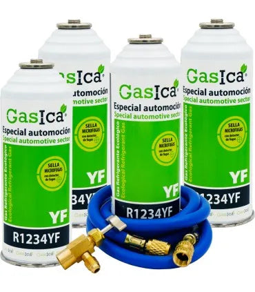 Pack 4 botellas gas refrigerante GASICA YF - R1234yf + manguera carga 1/4"x1/4" + válvula