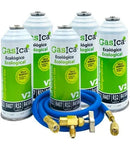 Pack 5 botellas gas refrigerante GASICA V2 - R22-R32-R407-R290-R410A + manguera carga 1/4"x1/4" + válvula