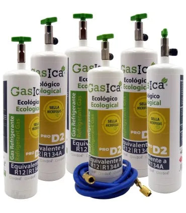 Pack 6 botellas gas refrigerante GASICA PRO D2 - R12 R134a + manguera carga 1/4"x1/4"