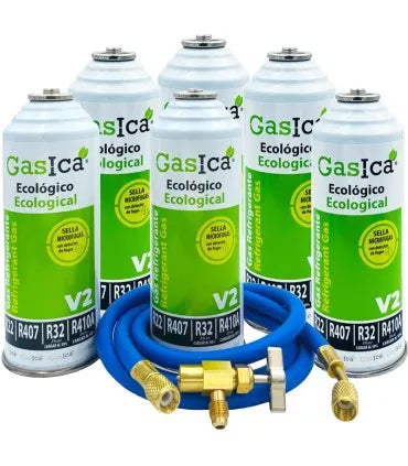 Pack 6 botellas gas refrigerante GASICA V2 - R22-R32-R407-R290-R410A + manguera carga 5/16"x1/4" + válvula