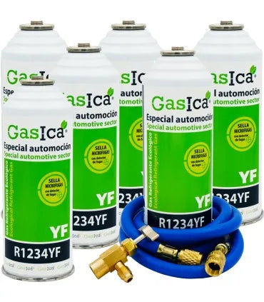 Pack 6 botellas gas refrigerante GASICA YF - R1234yf + manguera carga 5/16"x1/4" + válvula